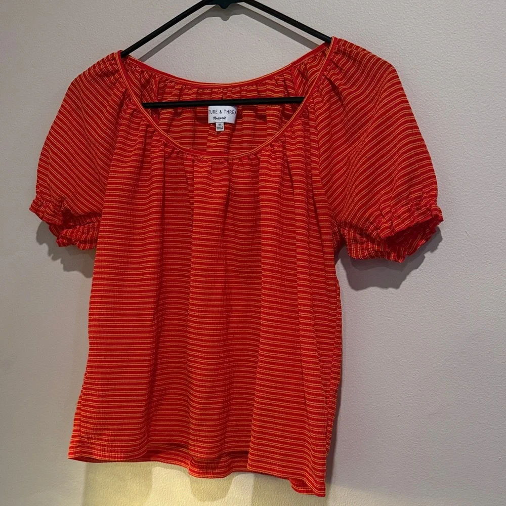 Madewell Red and Black Striped Puff Sleeve Blouse Casual stylish Vacation Ready